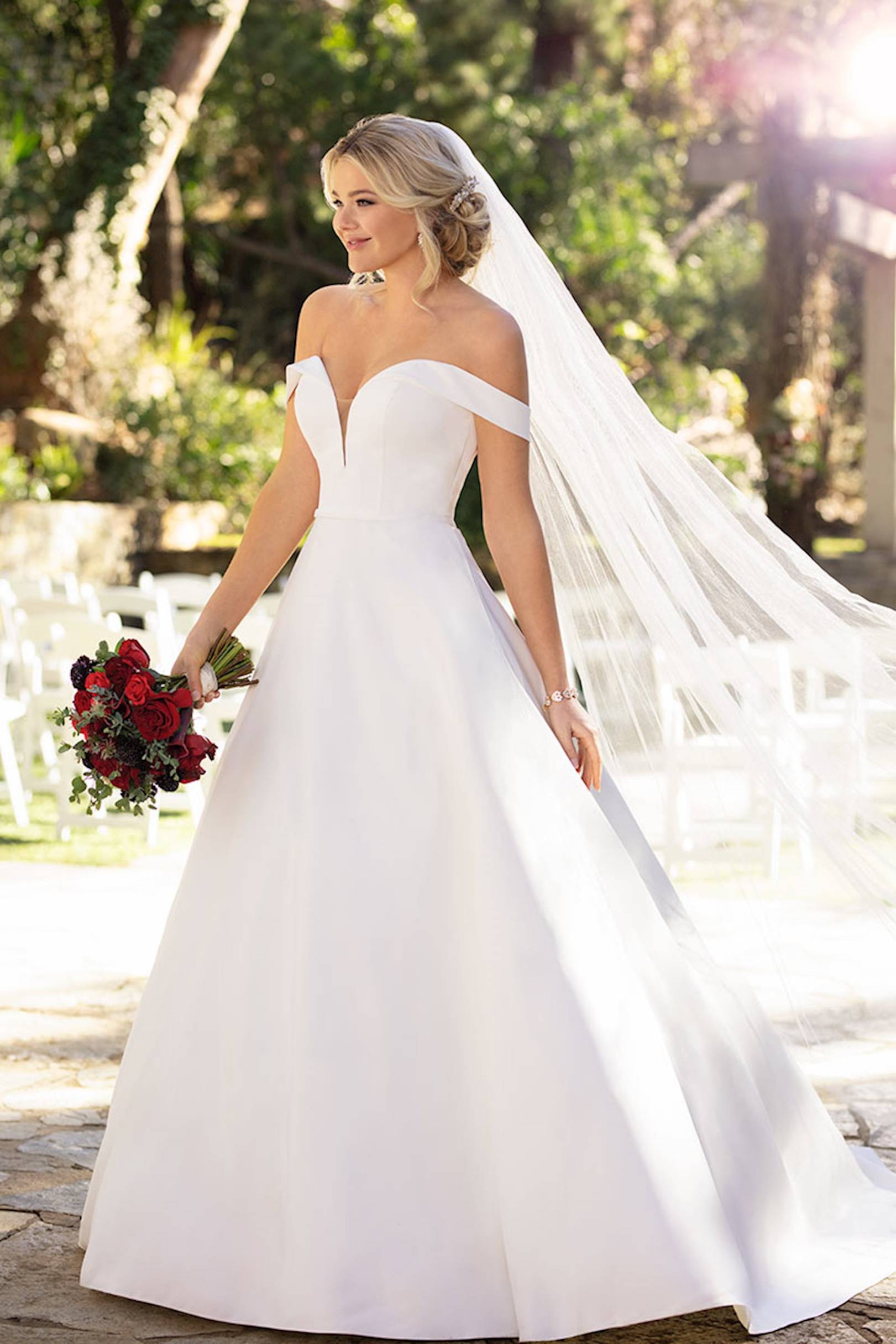 Essense of Australia 2761 - Ballgown wedding dress with classic satin, pockets, and off-the-shoulder sleeves