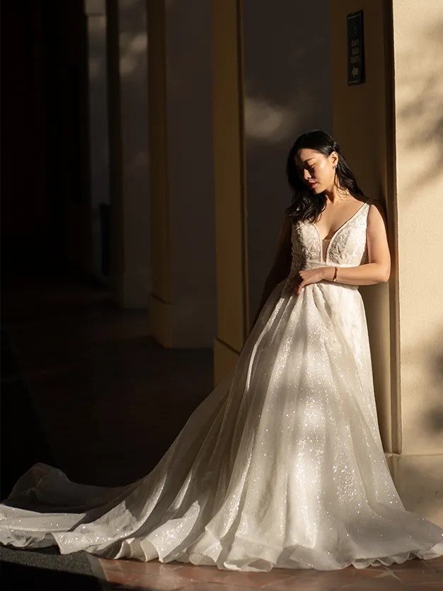 Essense of Australia D3445 - A-Line wedding dress with sparkling tulle and plunging neckline
