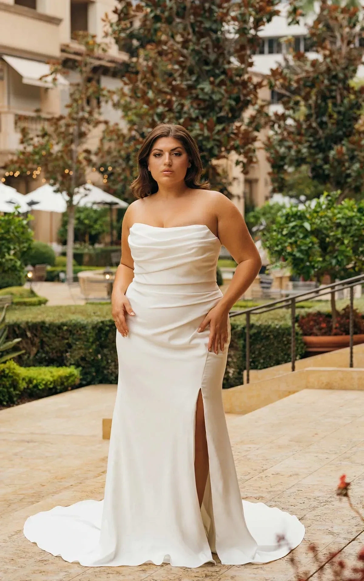 Essense of Australia D3634 - Column wedding dress with simple strapless design and side slit