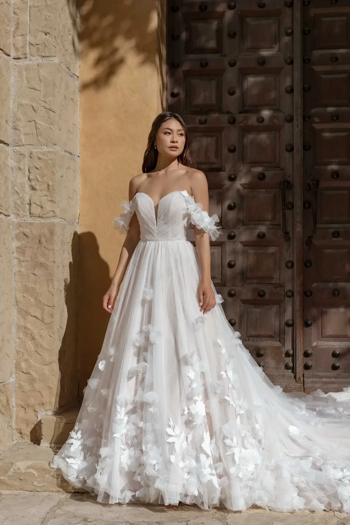 Essense of Australia D3734 - Ballgown wedding dress with whimsical tulle, 3D florals, and off-the-shoulder straps