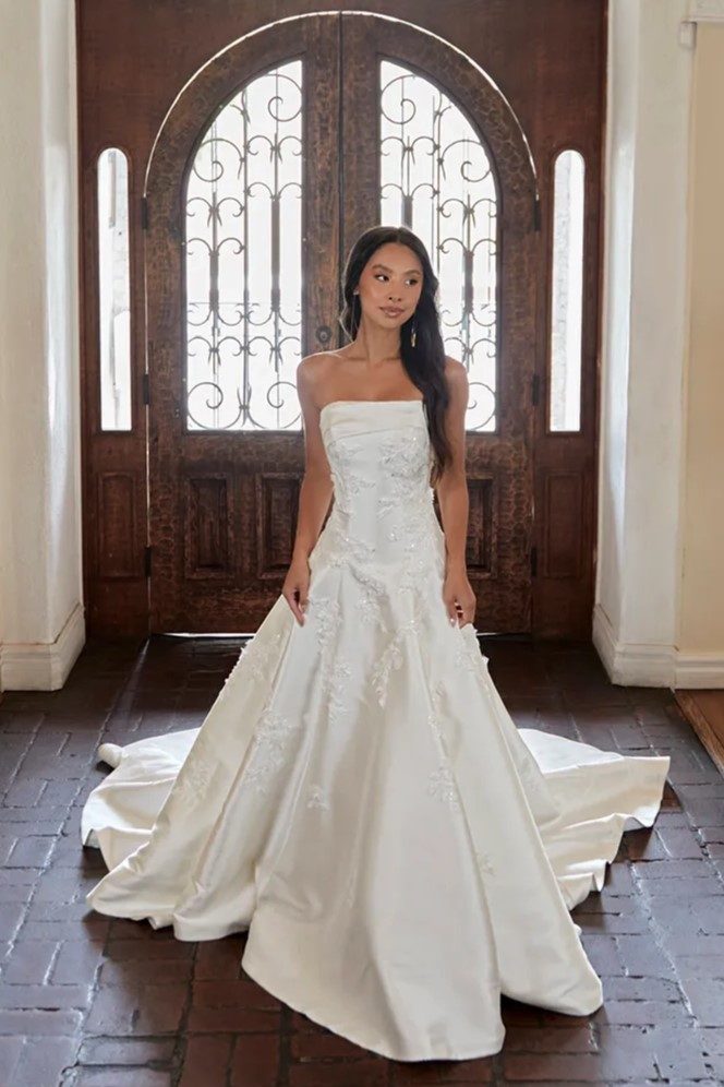 Essense of Australia D4195 - A-Line wedding dress with romantic 3D florals and luxe Mikado