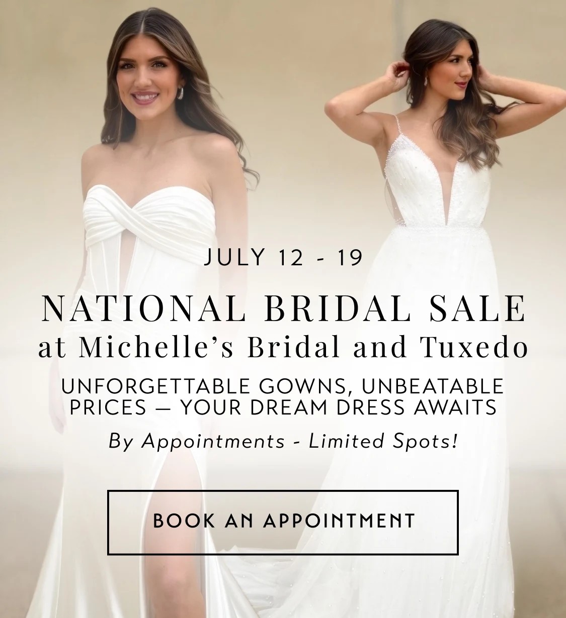 national brial sale july 12-19 at michelle's bridal and tuxedo